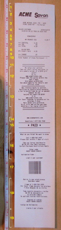 Photo: Grocery receipt with printed information numbered for reference